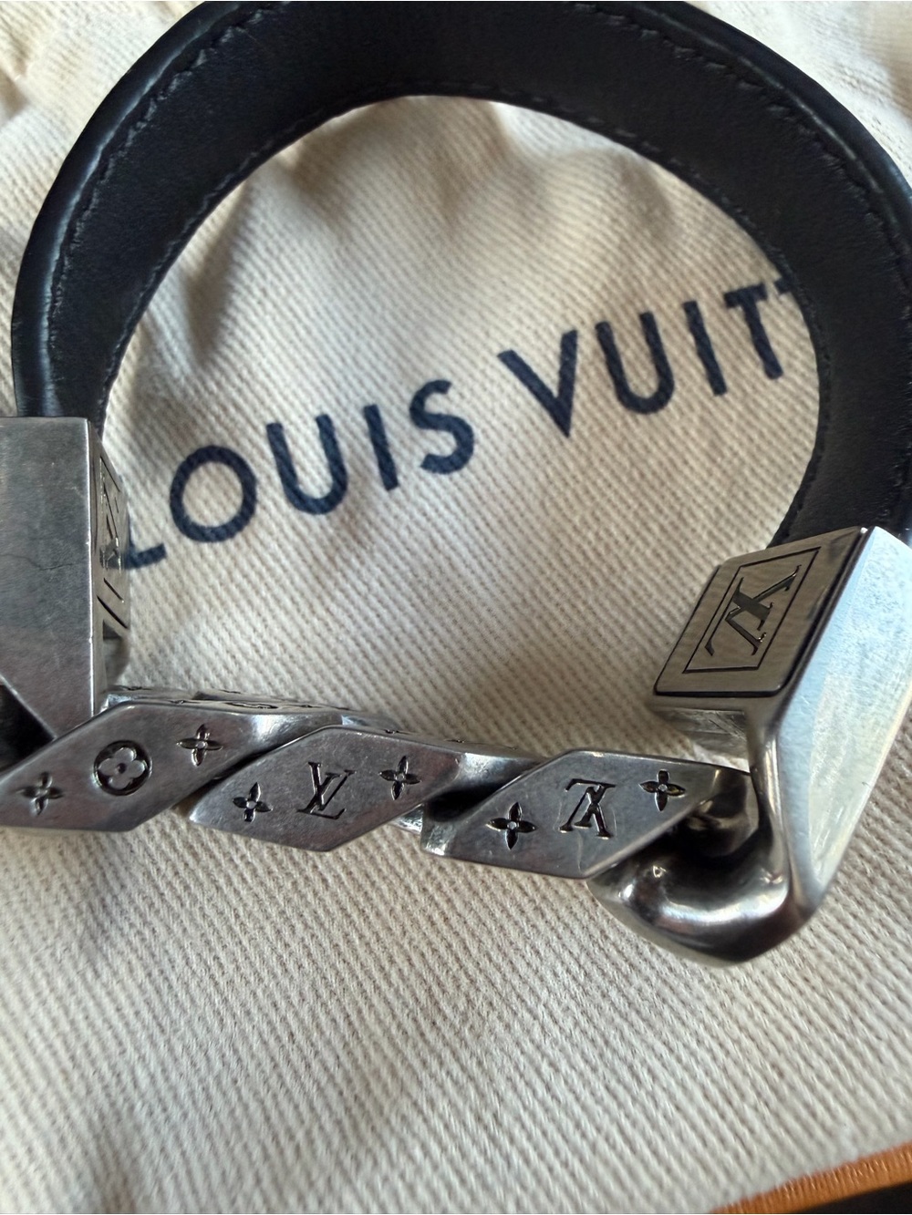 Louis Vuitton Black Leather Bracelet with Silver-Tone Chain and LV Clasp - Picture 7 of 9